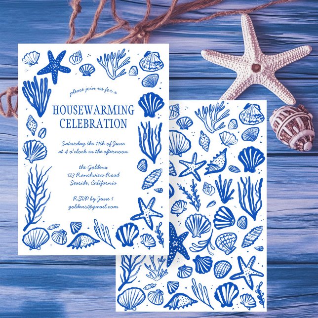 Invitation Coquillages Bleus FÊTE SUR MESURE DE RÉCHAUFFEMENT (Beach Blue Seashells Custom HOUSEWARMING PARTY New Home Address Party Invitation
)