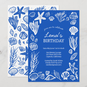 Invitation Coquillages Cadre Anniversaire Fête Blue Beach PER