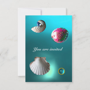 Invitation COQUILLAGES DAMASSÉ GEM PLAGE MARIAGE bleu aigue-m