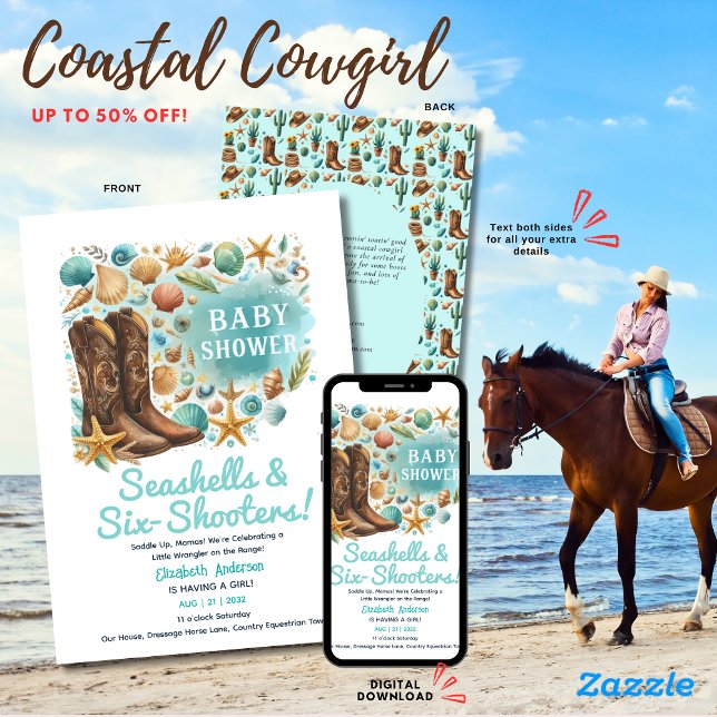 Invitation ⭐ Coquillages de cow-girl côtière Baby shower Turq (Créateur téléchargé)