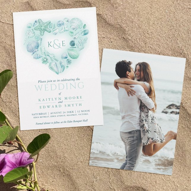 Invitation Coquillages de mer aquarelle coeur plage aqua (Créateur téléchargé)