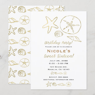 Invitation Coquillages de mer aspect feuille d'or Chic plage 