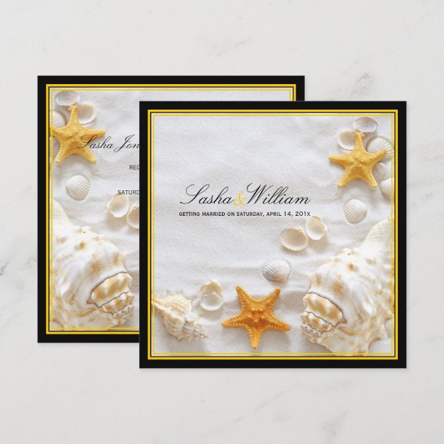 Invitation Coquillages de PixDezines/Plage/cadres jaunes+noir (Devant / Derrière)