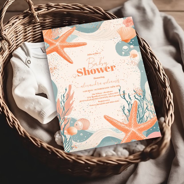 Invitation Coquillages de plage Baby shower élégant (Créateur téléchargé)