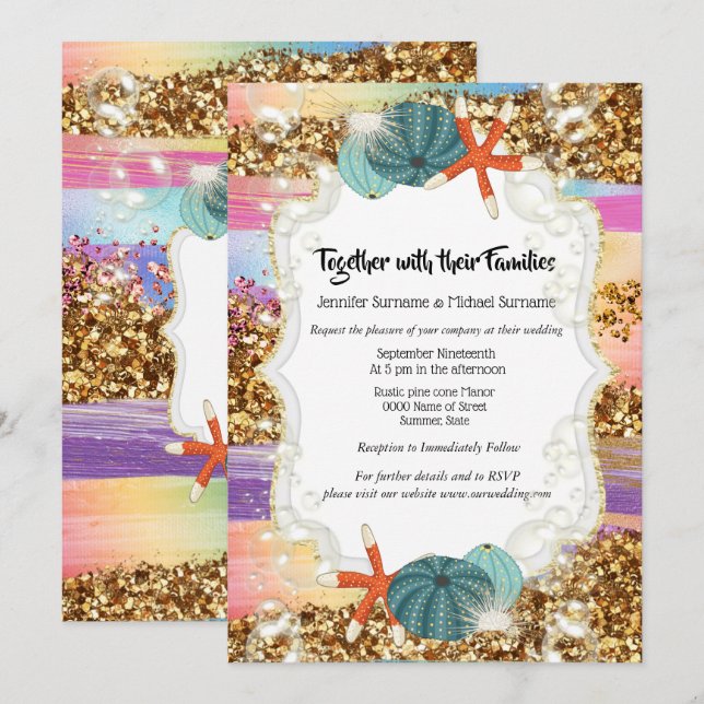 Invitation Coquillages d'étoiles de mer parties scintillant d (Devant / Derrière)