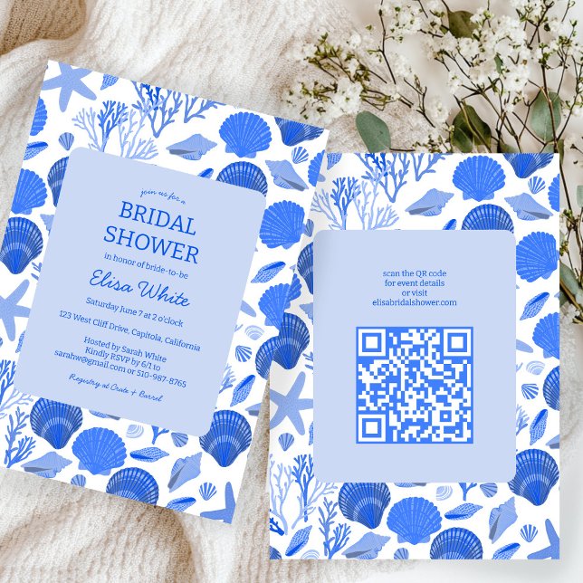 Invitation Coquillages Fête des mariées Chic Blue Beach CUSTO (Seashells Bridal Shower Chic Blue Beach CUSTOM QR Invitation
)