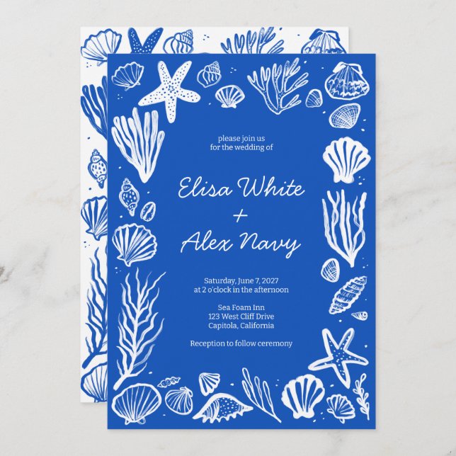 Invitation Coquillages Frame Beach Wedding Blue CUSTOM (Devant / Derrière)