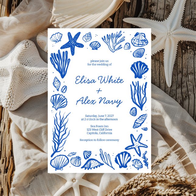 Invitation Coquillages Frame Beach Wedding Blue CUSTOM (Seashells Frame Beach Wedding Blue CUSTOM Invitation
)
