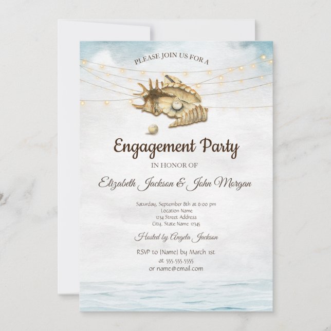 Invitation Coquillages,Mer,Lumières de corde Script Fiançaill (Devant)