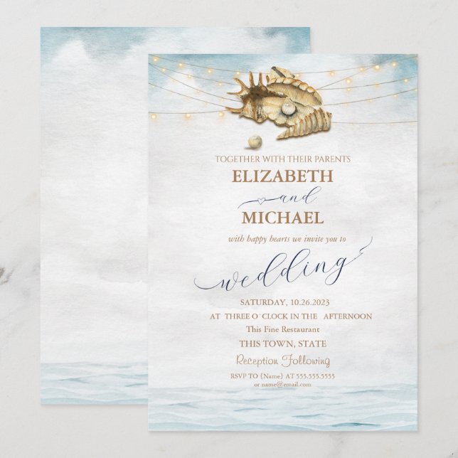 Invitation Coquillages, Mer, Mariage de script des lumières d (Devant / Derrière)
