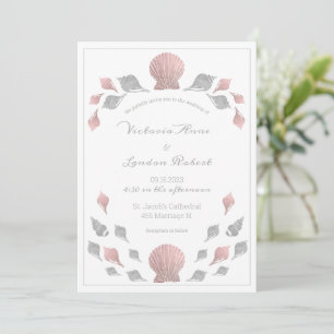 Invitation Coquillages métalliques rose Argent Plage Mariage
