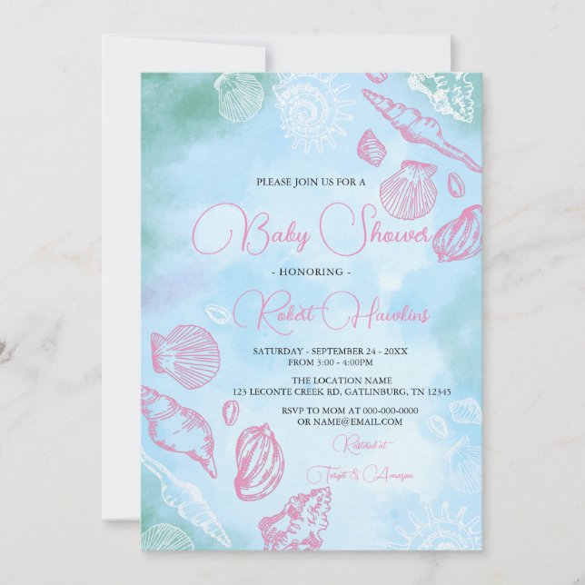 Invitation Coquillages Roses Sous Le Baby shower Océan Mer (Devant)
