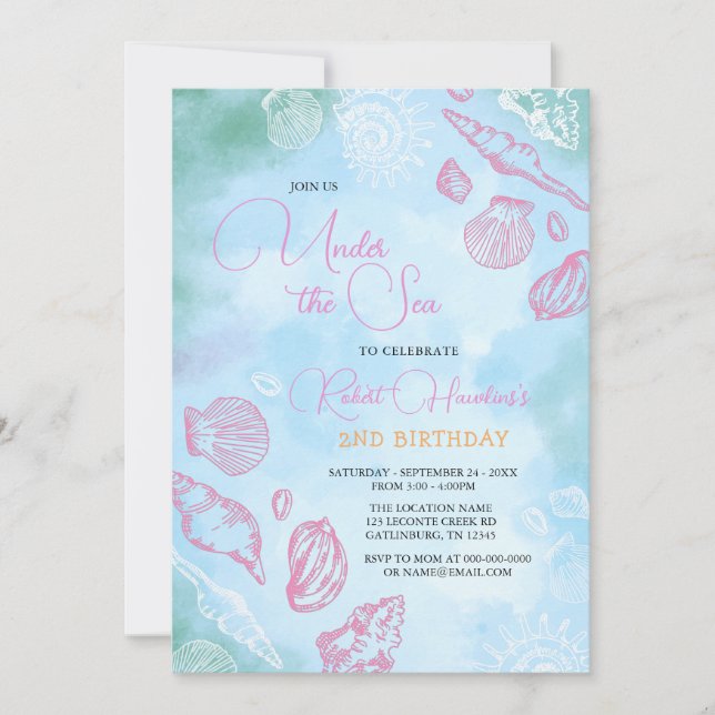Invitation Coquillages Roses Sous L'Océan Mer Anniversaire (Devant)