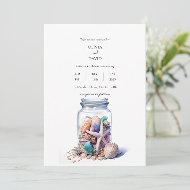 Invitation Coquillages Verre Jar Centerpiece Plage Mariage (Debout devant)
