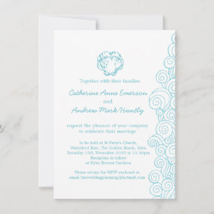 Invitation Coquille de palourde mer tourbillon bleu plage inv