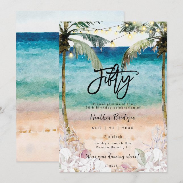 Invitation Coquilles de plage tropicales fête du 50e annivers (Devant / Derrière)