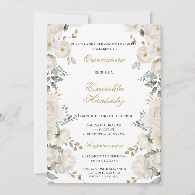 Invitation Coquinceañera aux fleurs blanches (Devant)