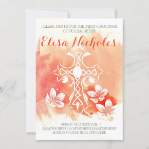 Invitation Corail aquarelle croix florale Première sainte com