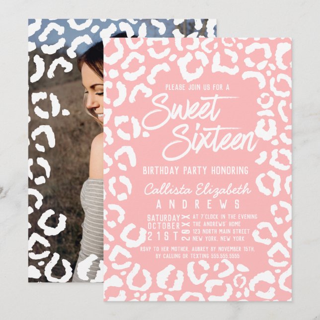 Invitation Corail blanc moderne Cheetah Leopard Sweet 16 Phot (Devant / Derrière)