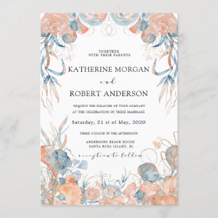 Invitation corail bleu velours floral romantique Mariage