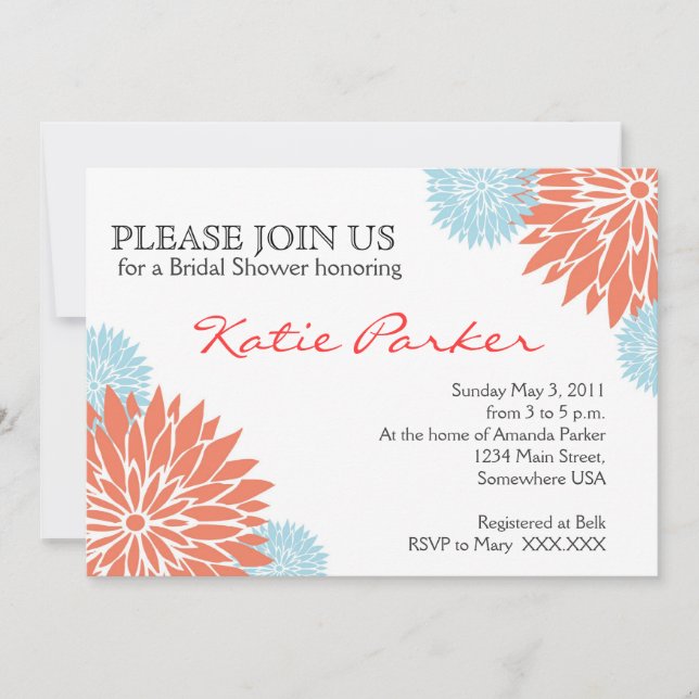 Invitation Corail de dahlia et fleur bleu-clair (Devant)