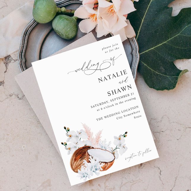Invitation Corail de noix de coco et Mariage floral blanc (Créateur téléchargé)
