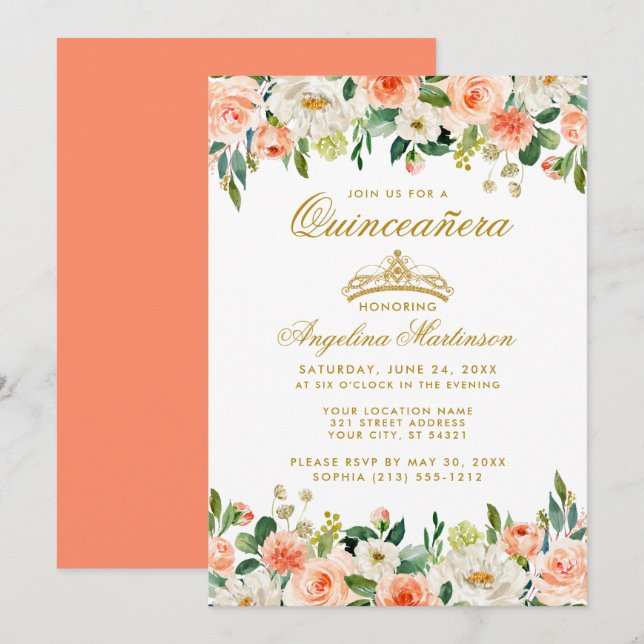 Invitation Corail de Quinceanera Couronne d'or floral (Devant / Derrière)
