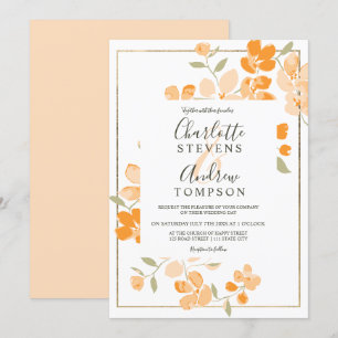 Invitation Corail d'été orange or floral aquarelle mariage