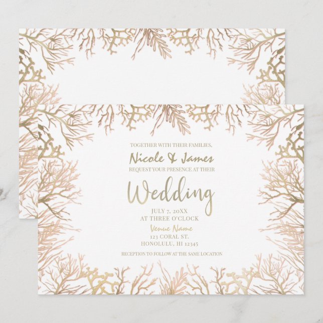 Invitation Corail d'or moderne Blanc Elégant Mariage plage (Devant / Derrière)