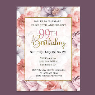 Invitation Corail Élégant et Pivoine Lavande 99e Anniversaire