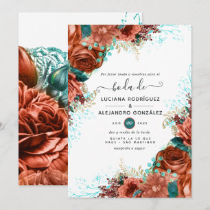Invitation Corail espagnol et Mariage Turquoise floral