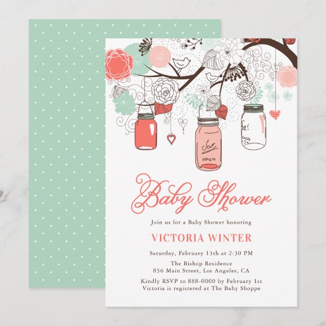 Invitation Corail et Aqua Hanging Mason Jars Baby shower (Devant / Derrière)