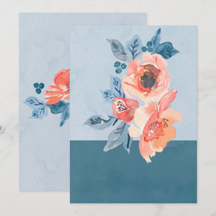 Invitation Corail et bleu Dusty Floral Mariage unique