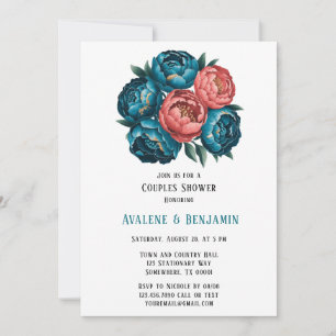 Invitation Corail et pivoines Turquoises Gold Couples Douche