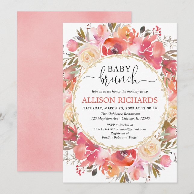 Invitation Corail et rose vif fille brunch douche bébé (Devant / Derrière)