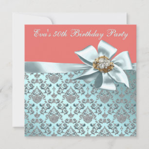 Invitation Corail et Turquoise bleu Damask 50e anniversaire