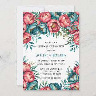 Invitation Corail et Turquoise Peonies Mariage or