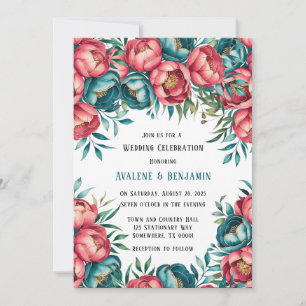 Invitation Corail et Turquoise Peonies Mariage or