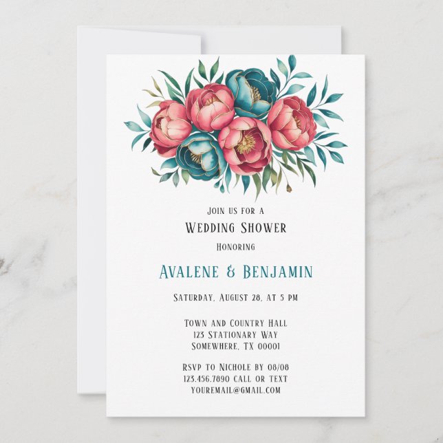 Invitation Corail et Turquoise Peonies Wedding shower or (Devant)