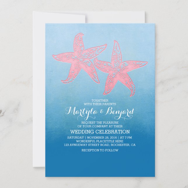 Invitation corail étoile de mer & aquarelle ombre bleu mariag (Devant)