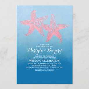 Invitation corail étoile de mer & aquarelle ombre bleu mariag