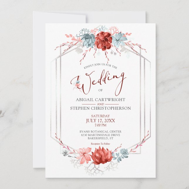 Invitation Corail géométrique Floral Mariage succulent (Devant)