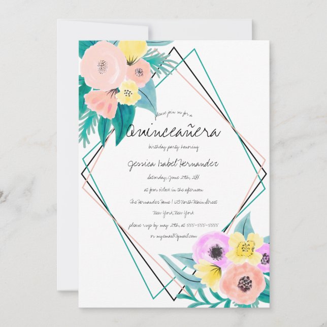 Invitation Corail Jaune Floral Aquarelle Cadre Quinceañera (Devant)