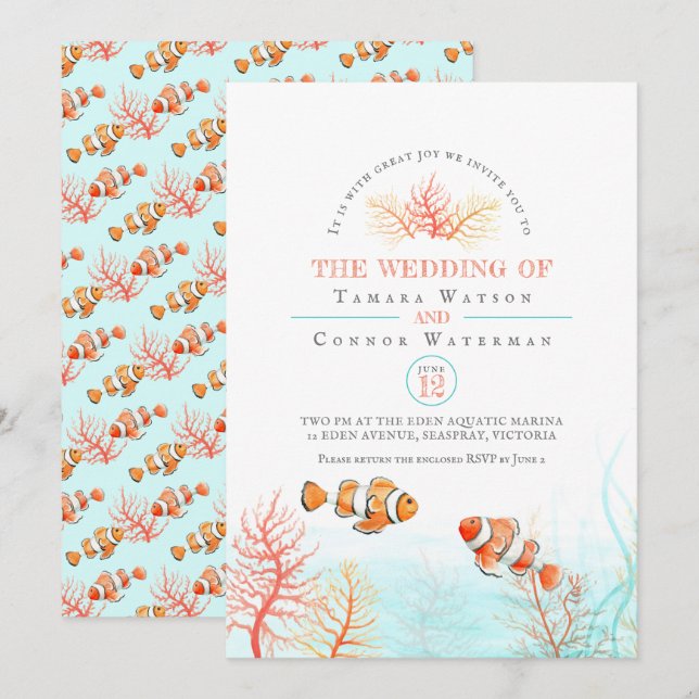 Invitation Corail mariage aquatique et aquarelle de poisson c (Devant / Derrière)