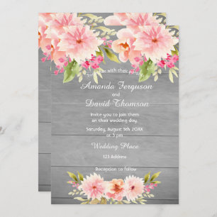 Invitation corail mariage pêche dahlia fleurs mur rustique