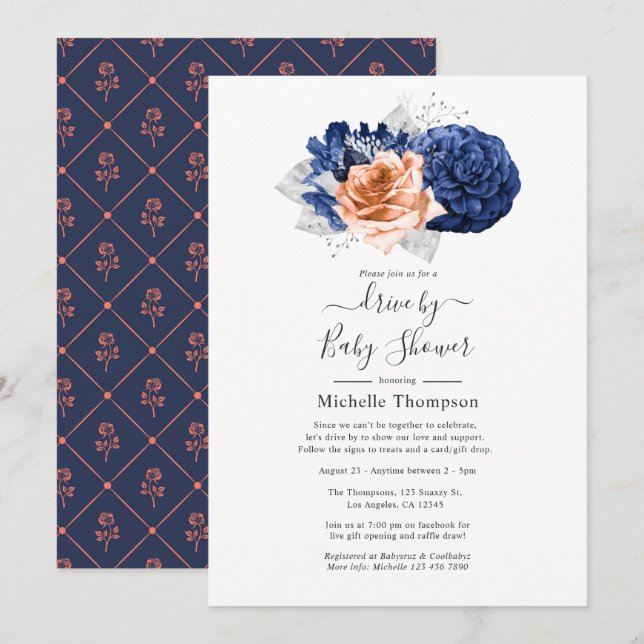 Invitation Corail, marine et Mariage floral argenté (Devant / Derrière)