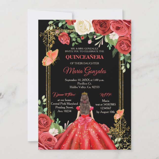 Invitation Corail mexicain Rouge Princesse Quinceanera Papill (Devant)