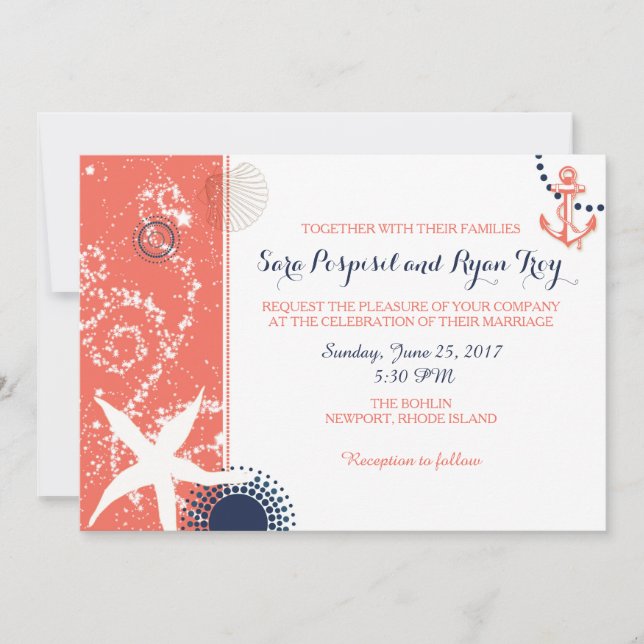 Invitation Corail moderne et Mariage nautique de marine (Devant)