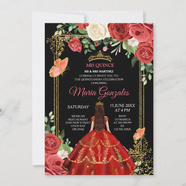 Invitation Corail noir Fleurs mexicaines Quinceañera Invitati (Devant)
