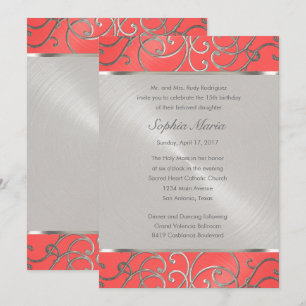 Invitation Corail Quinceanera Pinceaux roses et argentés en f